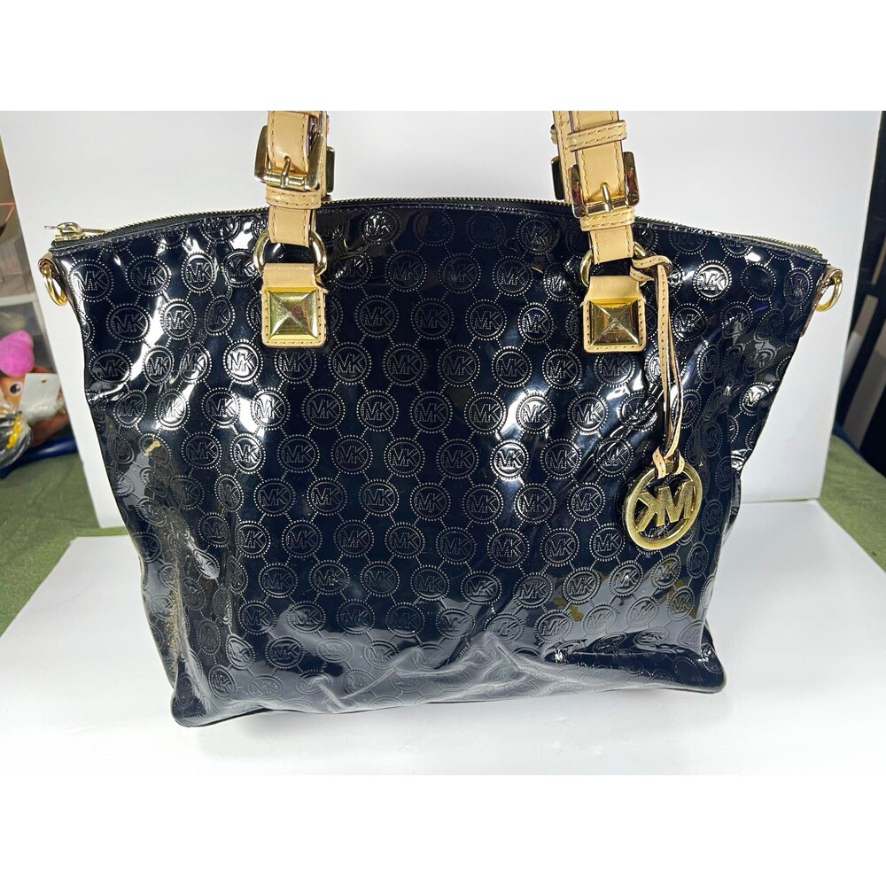Michael Kors MK Logo Black Tote Bag Zip Gold Beige Straps Dust Bag